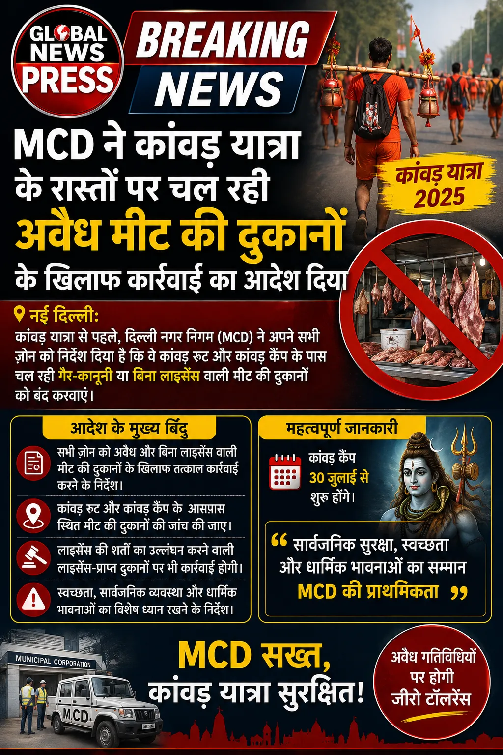 MCD ने कांवड़ यात्रा के रास्तों पर चल रही अवैध मीट की दुकानों के खिलाफ कार्रवाई का आदेश दिया है।