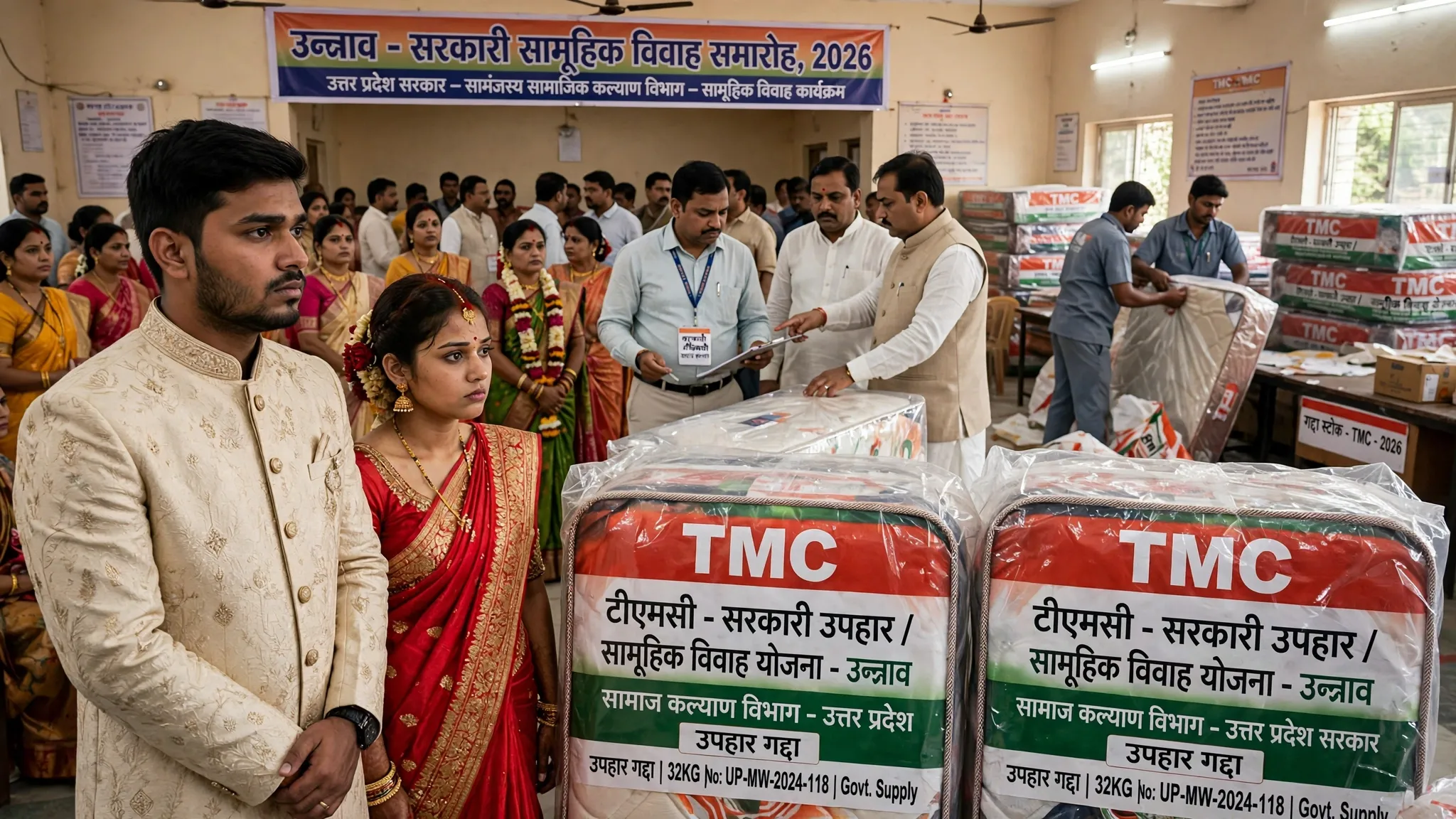 उन्नाव सामूहिक विवाह गिफ्ट विवाद: 459 जोड़ों को मिले TMC चिह्न वाले गद्दे, कंपनी ब्लैकलिस्ट