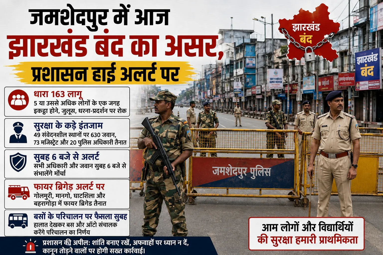 जमशेदपुर झारखंड: रांची में लाठीचार्ज के विरोध में भाजपा का राज्यव्यापी बंद; जमशेदपुर में सुरक्षा सख्त