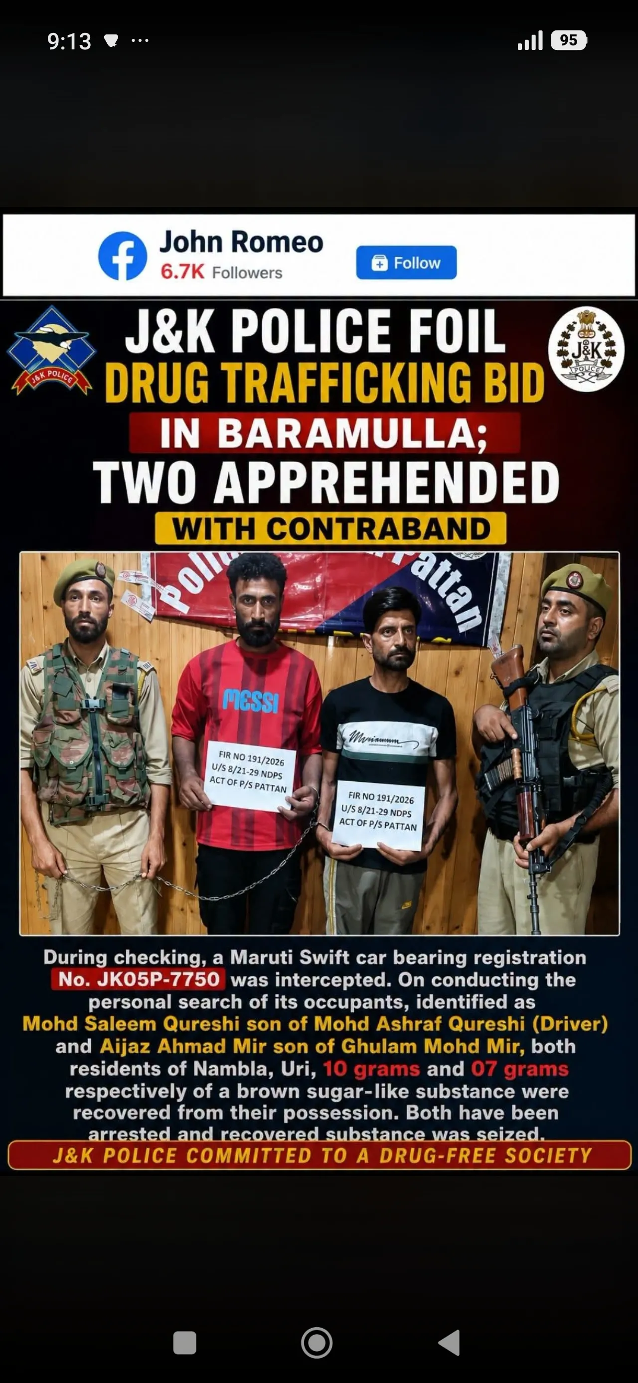 #BREAKING
 *J&K Police foil drug trafficking bid in Baramulla; Two apprehended with contraband*

*August 10:* ```Continu