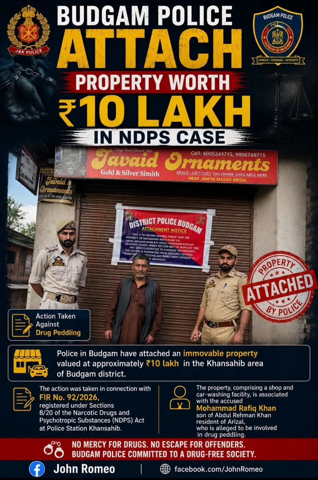 #BREAKING #BUDGAMPOLICE
Police Attach ₹10 Lakh Property in Budgam NDPS Case
August 14: Budgam Police have attached an im