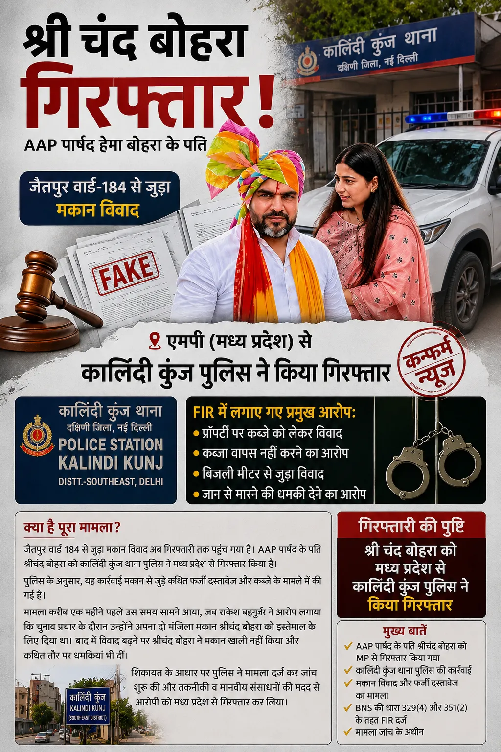Kalindi Kunj Police Arrests AAP Councillor Hema Bohra’s Husband Shri Chand Bohra from Madhya Pradesh
