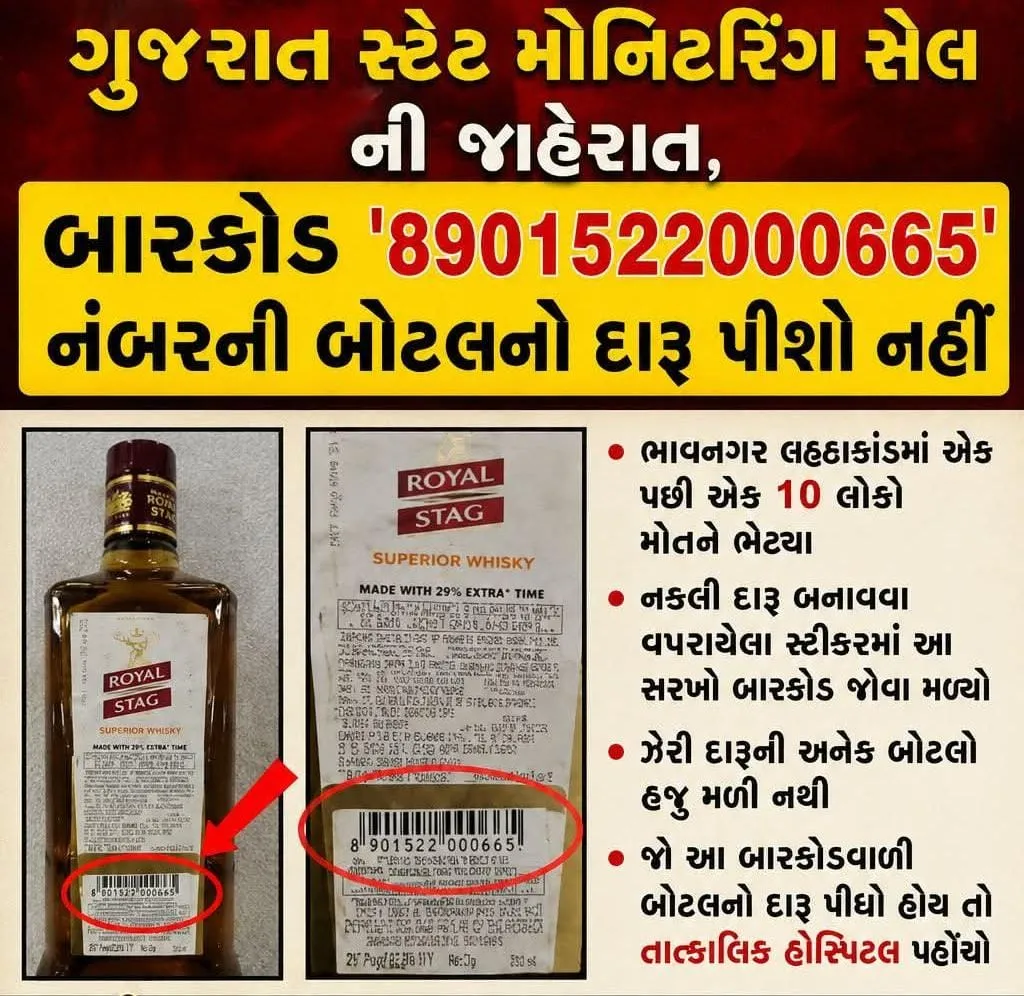 આ 8901522000665 નંબરના બારકોડ વાળા સ્ટીકરની બોટલ આવે તો દારૂ પીવો નહીં અને નાશ કરી દેવો : સ્ટેટ મોનીટરીંગ સેલ