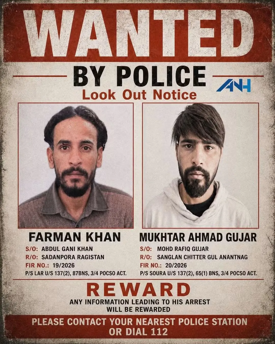 Jammu and Kashmir Police issue lookout notices for two men in seperate POCSO cases. Information leading to their arrest
