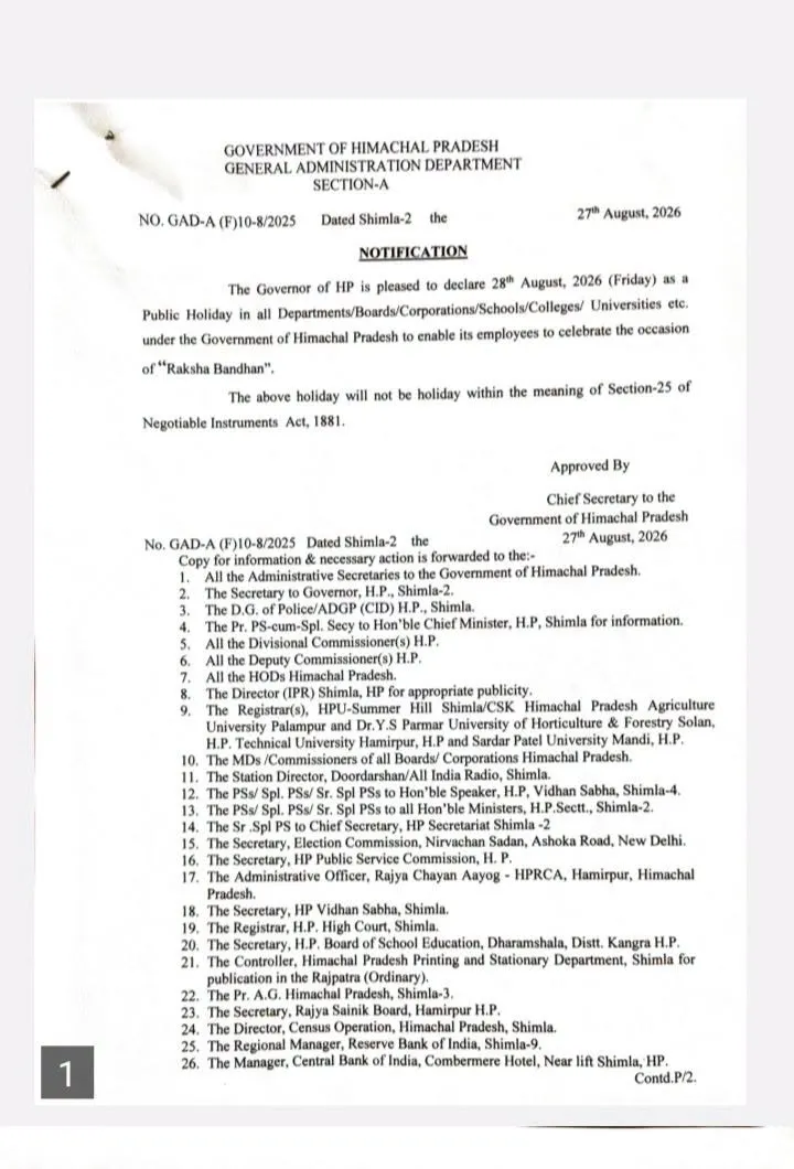 हिमाचल प्रदेश में रक्षाबंधन पर सरकारी छुट्टी घोषित