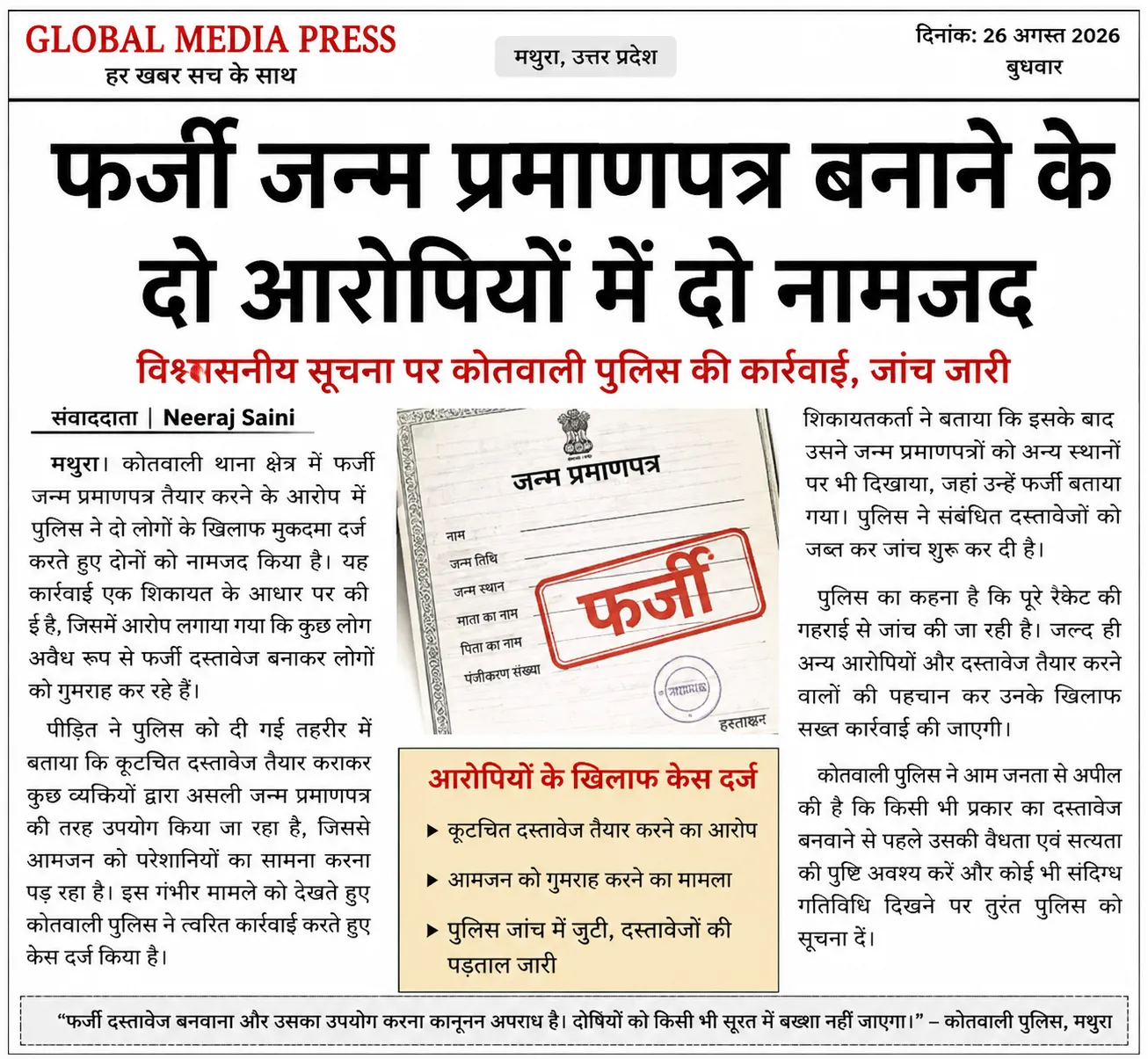 फर्जी जन्म प्रमाणपत्र बनाने के आरोप में दो नामजद
जनसेवा केंद्र से जुड़े मामले में पुलिस ने दर्ज किया