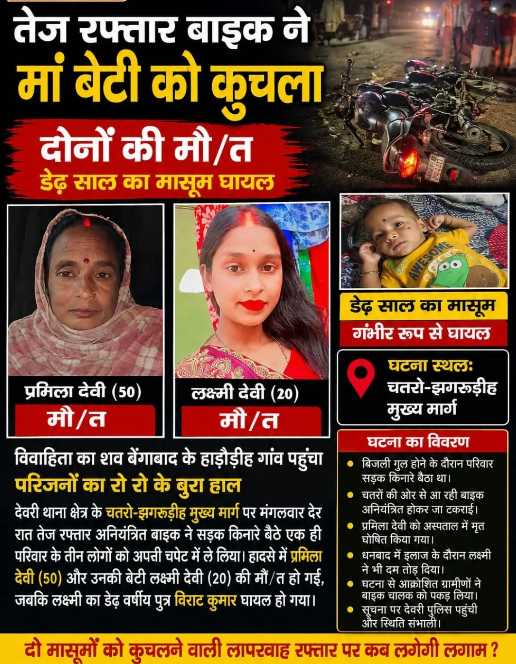 तेज रफ्तार बाइक की चपेट में आने से मां बेटी की मौत
