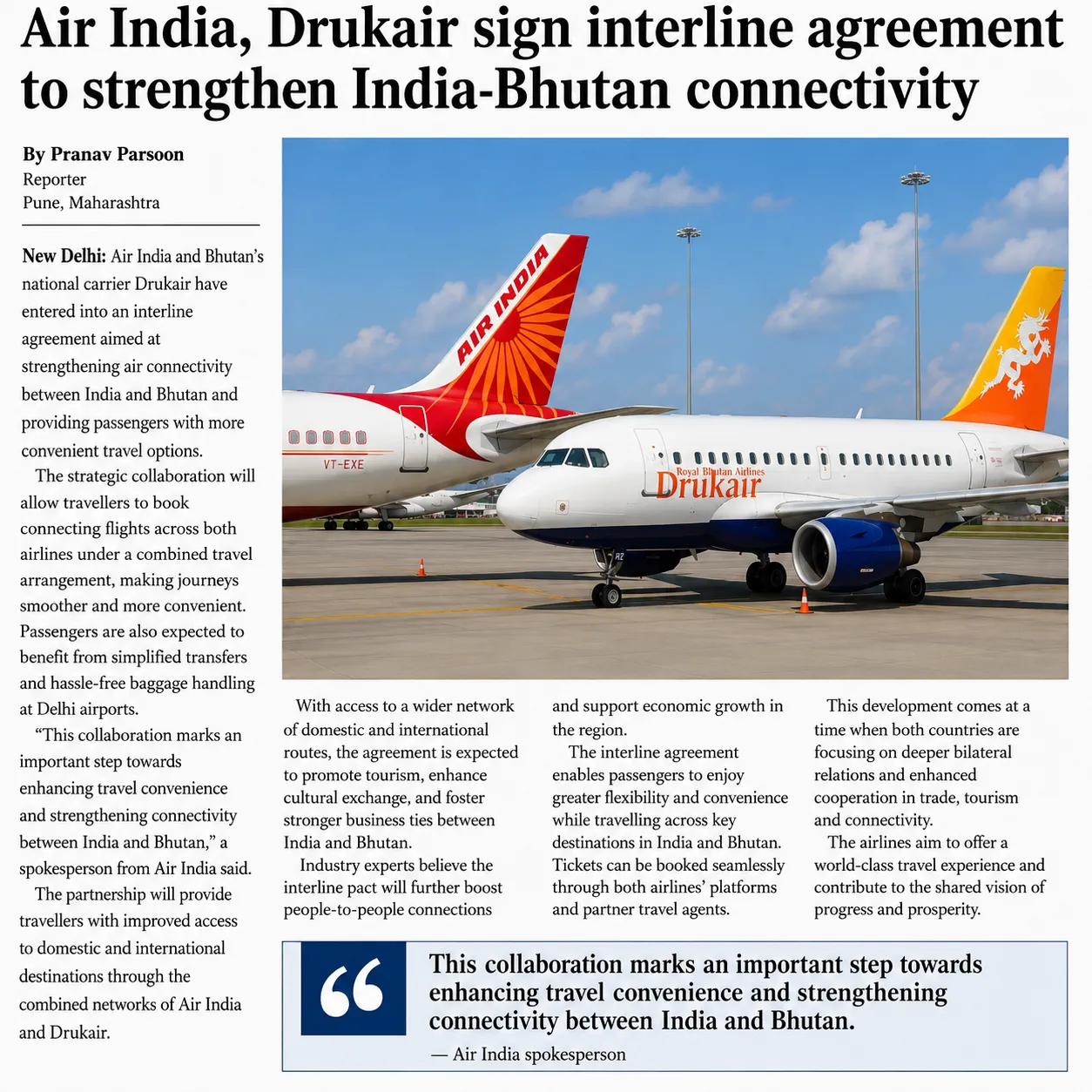 Air India, Drukair Sign Interline Agreement to Strengthen India-Bhutan Connectivity
By Pranav Parsoon
Reporter
Pune, Mah