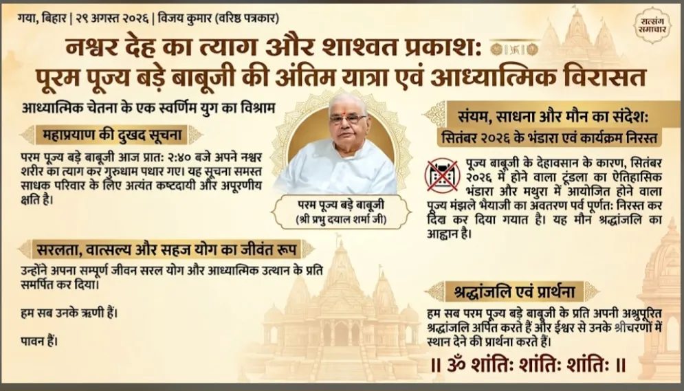 "नश्वर देह का त्याग और शाश्वत प्रकाश:
 पूज्य बड़े बाबूजी की अंतिम यात्रा एवं आध्यात्मिक विरासत"