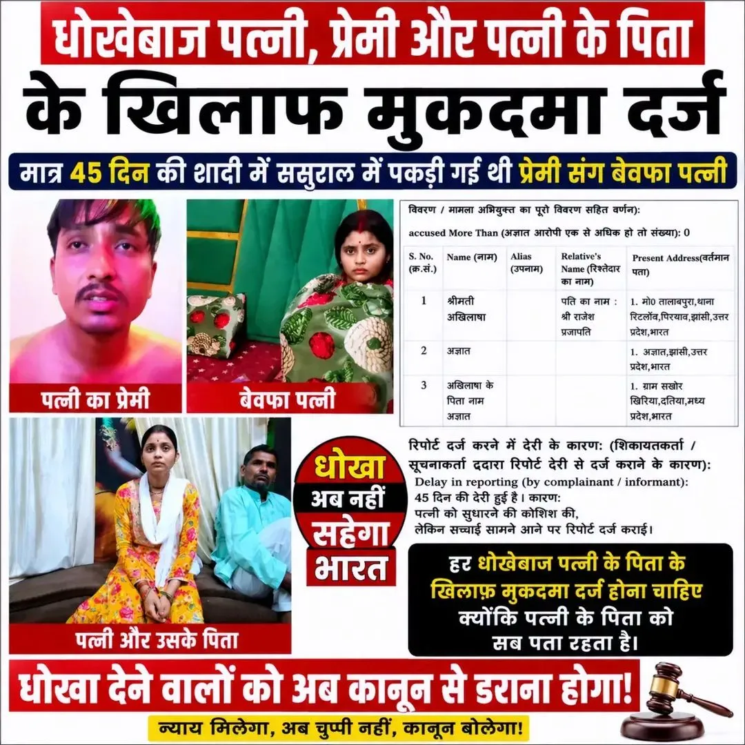 मात्र 45 दिन की शादी में प्रेमी संग ससुराल में पकड़ी गई पत्नी, प्रेमी और पत्नी के पिता के खिलाफ मुकदमा दर्ज