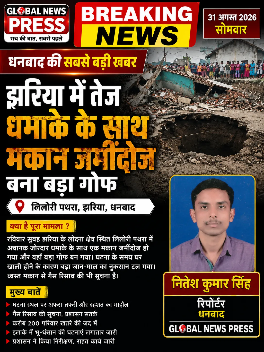 झरिया में तेज धमाके के साथ जमींदोज हुआ मकान, बना विशाल गोफ; गैस रिसाव से दहशत