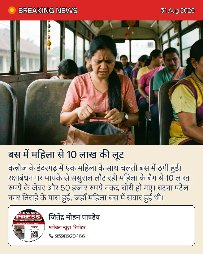 कन्नौज के इंदरगढ़ बस स्टैंड से महिला मायके से ससुराल जा रही थी चोरों ने 10 लख रुपए लगदी