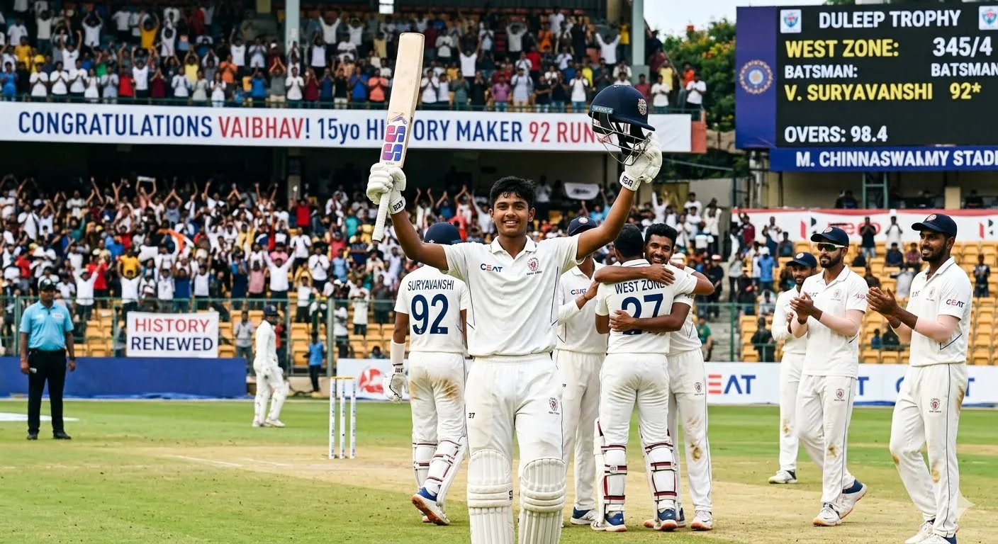 🏏 दलीप ट्रॉफी: 15 वर्षीय वैभव सूर्यवंशी ने 92 रन बनाकर रचा इतिहास