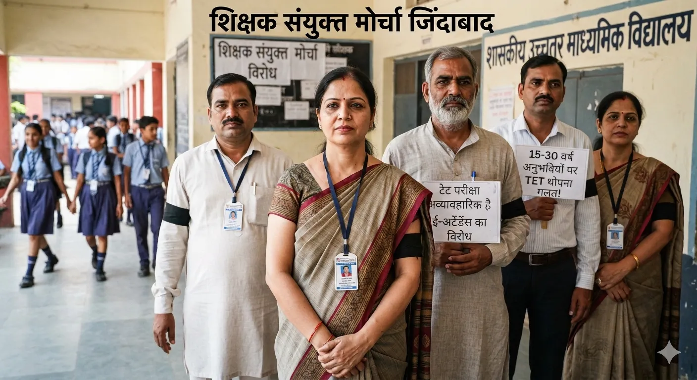 काली पट्टी बांधकर जताया टेट और ई-अटेंडेंस का विरोध: शिक्षक संयुक्त मोर्चा का बड़ा ऐलान
