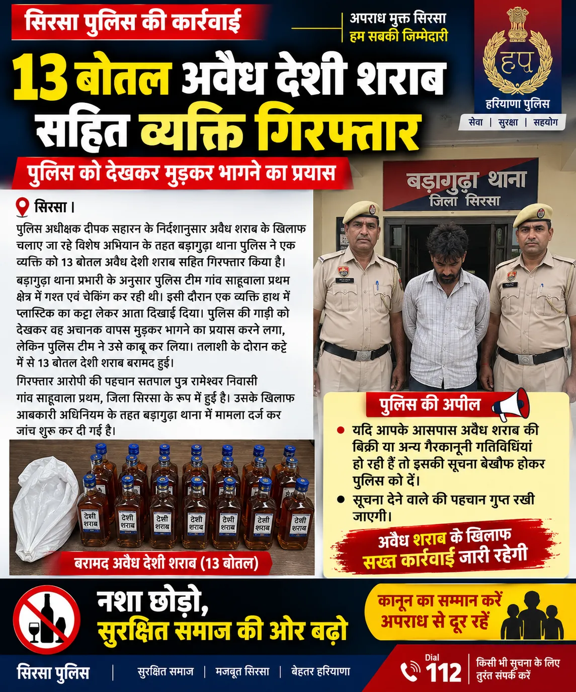 13 बोतल अवैध देशी शराब सहित व्यक्ति गिरफ्तार, पुलिस को देखकर मुड़कर भागने का प्रयास