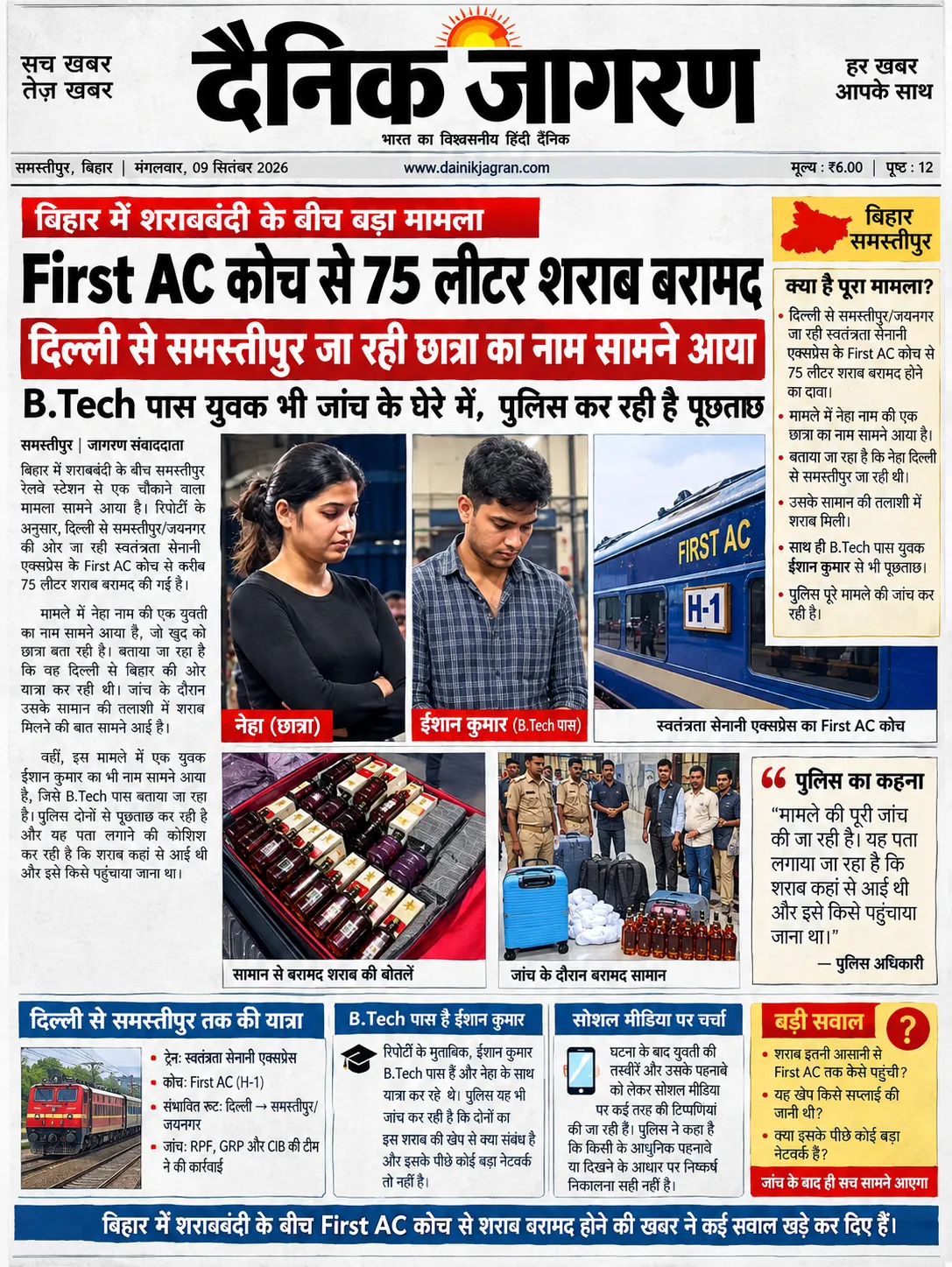 बिहार के First AC में 75 लीटर शराब! 😱 छात्रा और B.Tech पास युवक का नाम आया सामने | समस्तीपुर NEWS