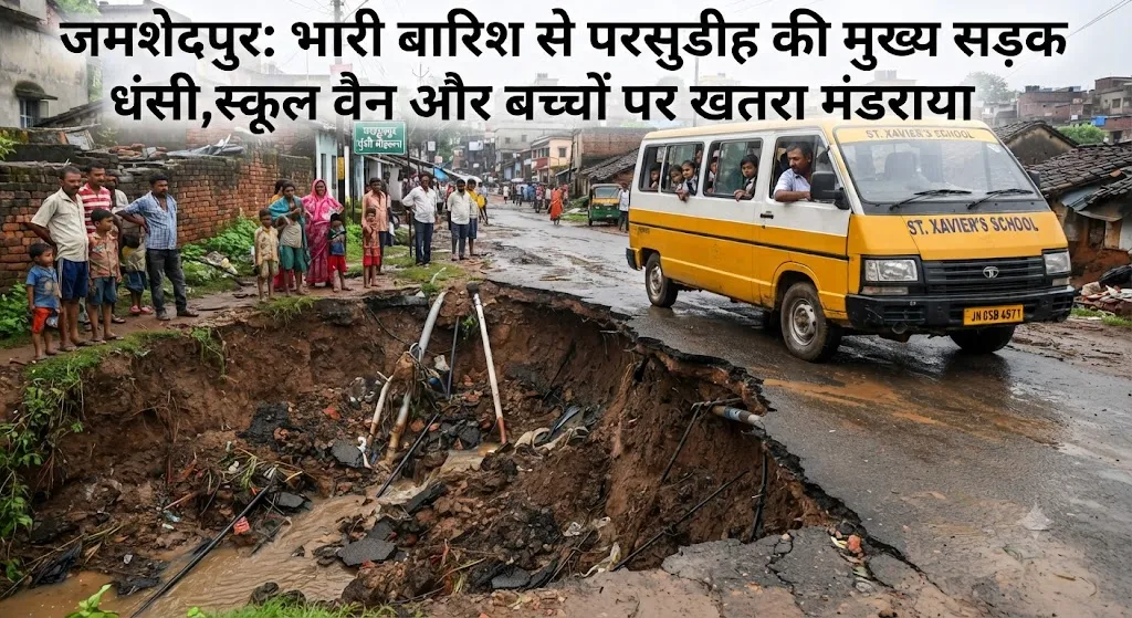 जमशेदपुर: परसूडीह के मखदुमपुर में मूसलाधार बारिश से धंसी मुख्य सड़क, कभी भी हो सकता है बड़ा हादसा