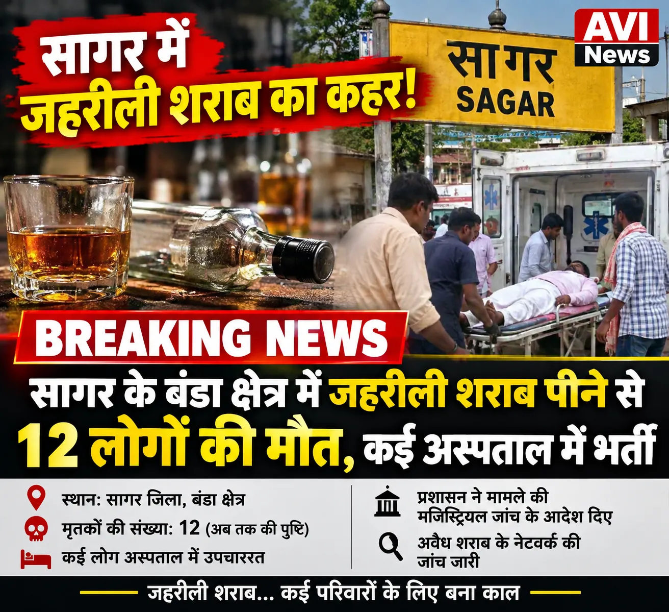 मध्य प्रदेश के सागर जिले के बंडा क्षेत्र में कथित जहरीली/नकली शराब पीने से कई लोगों की मौत का मामला सामने आया है। ताजा र