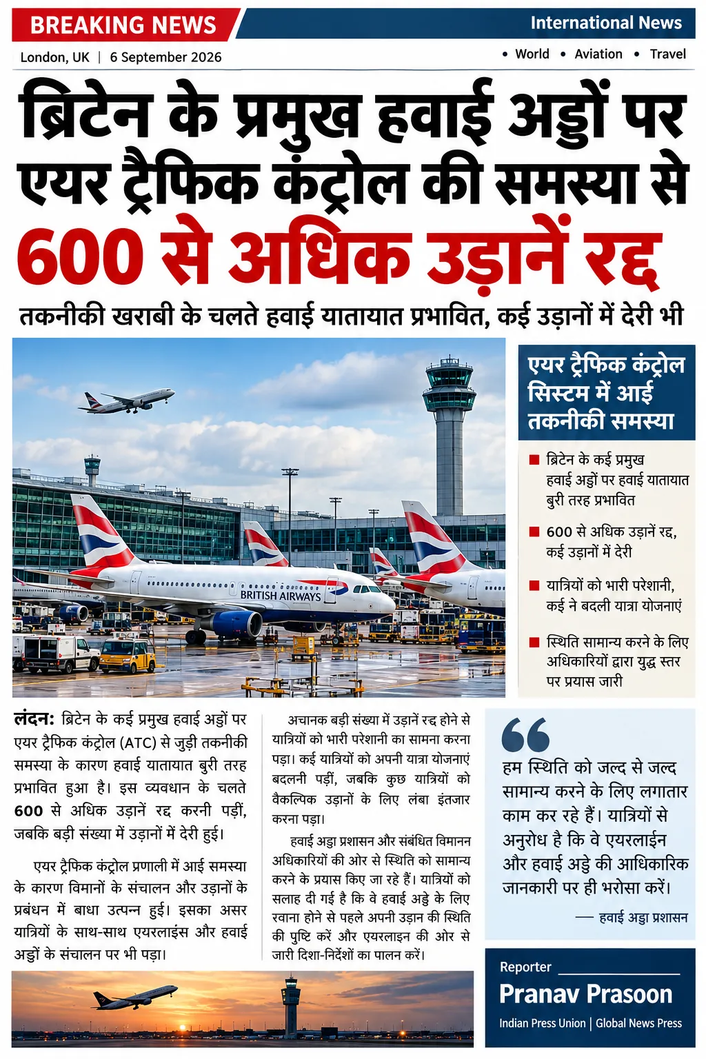 ब्रिटेन के प्रमुख हवाई अड्डों पर एयर ट्रैफिक कंट्रोल की समस्या से 600 से अधिक उड़ानें रद्द