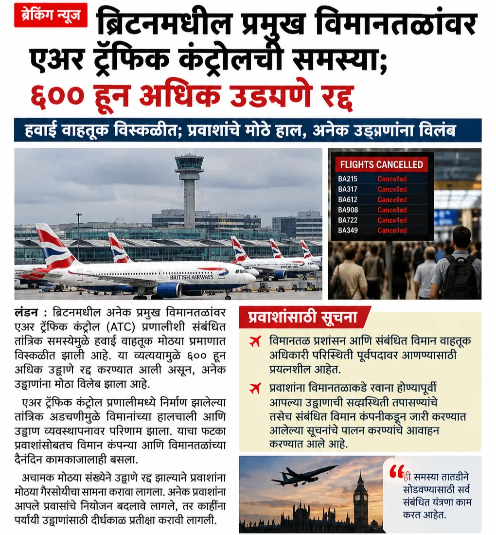 ब्रिटनमधील प्रमुख विमानतळांवर एअर ट्रॅफिक कंट्रोलची समस्या; ६०० हून अधिक उड्डाणे रद्द