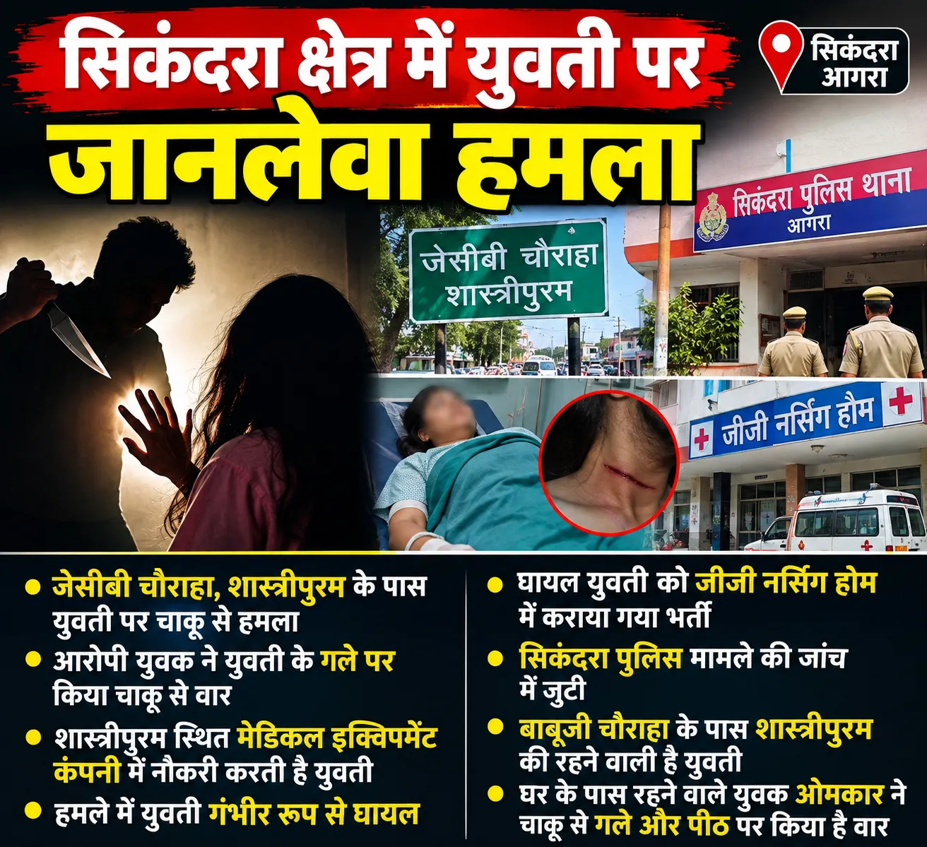 ब्रेकिंग न्यूज आगरा शास्त्रीपुरम में युवती पर जानलेवा हमला, चाकू से गले और पीठ पर किए वार