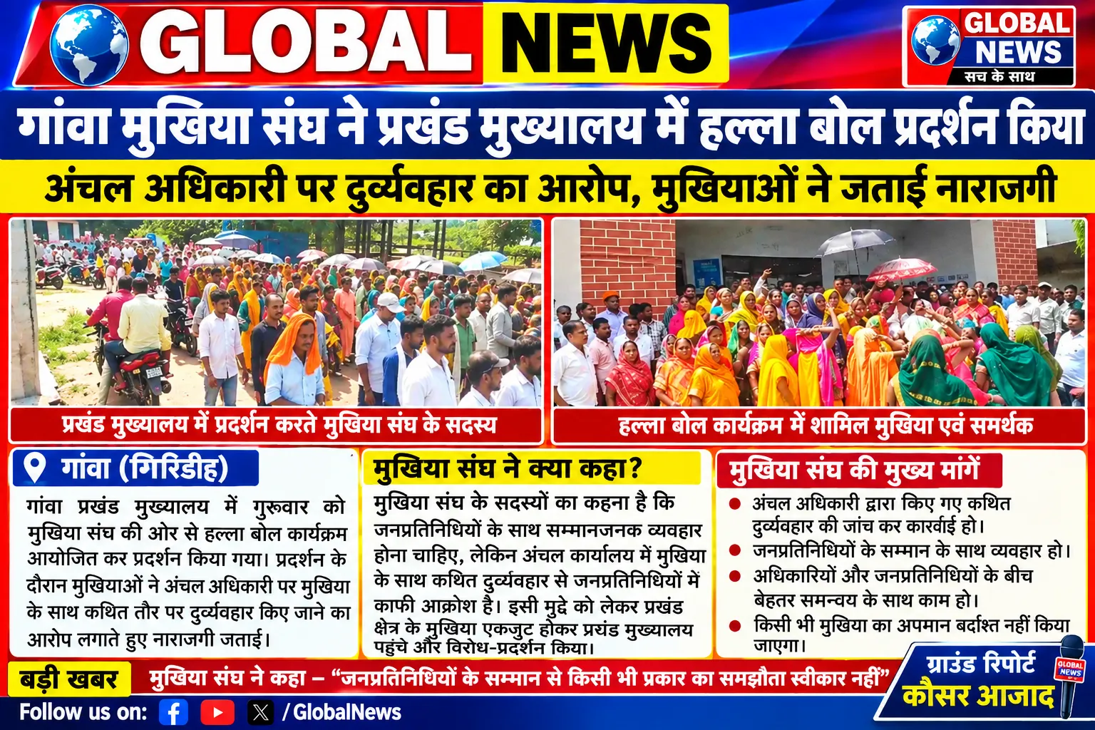 अंचल अधिकारी पर दुर्व्यवहार का आरोप, गांवा मुखिया संघ ने किया हल्ला बोल प्रदर्शन
