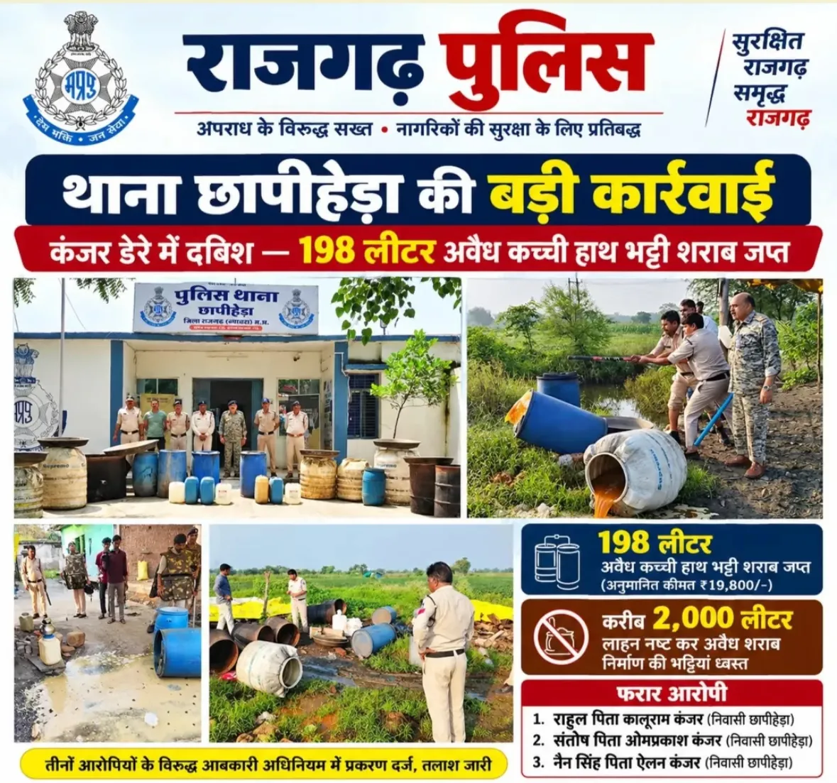 राजगढ़: छापीहेड़ा थाना पुलिस की बड़ी कार्रवाई, कंजर डेरे पर दबिश देकर 198 लीटर अवैध कच्ची शराब की जब्त और 2 हजार लीटर लह