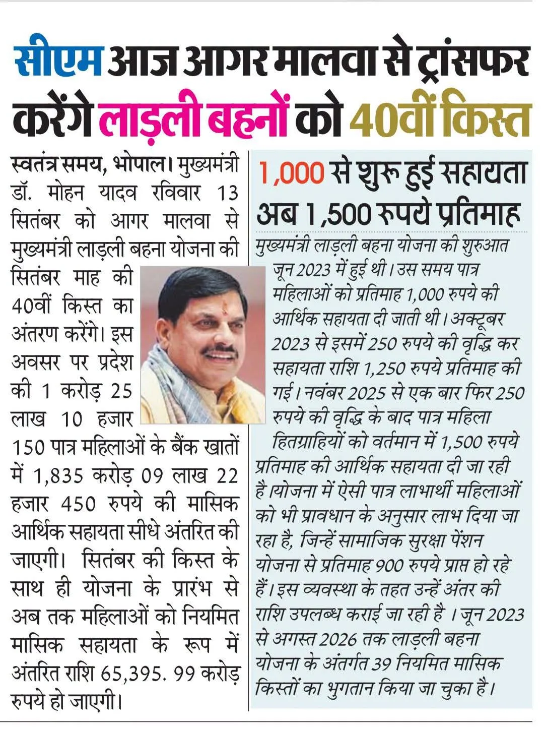 मुख्य मंत्री लाडली बहना की 40 बी किस्त जारी