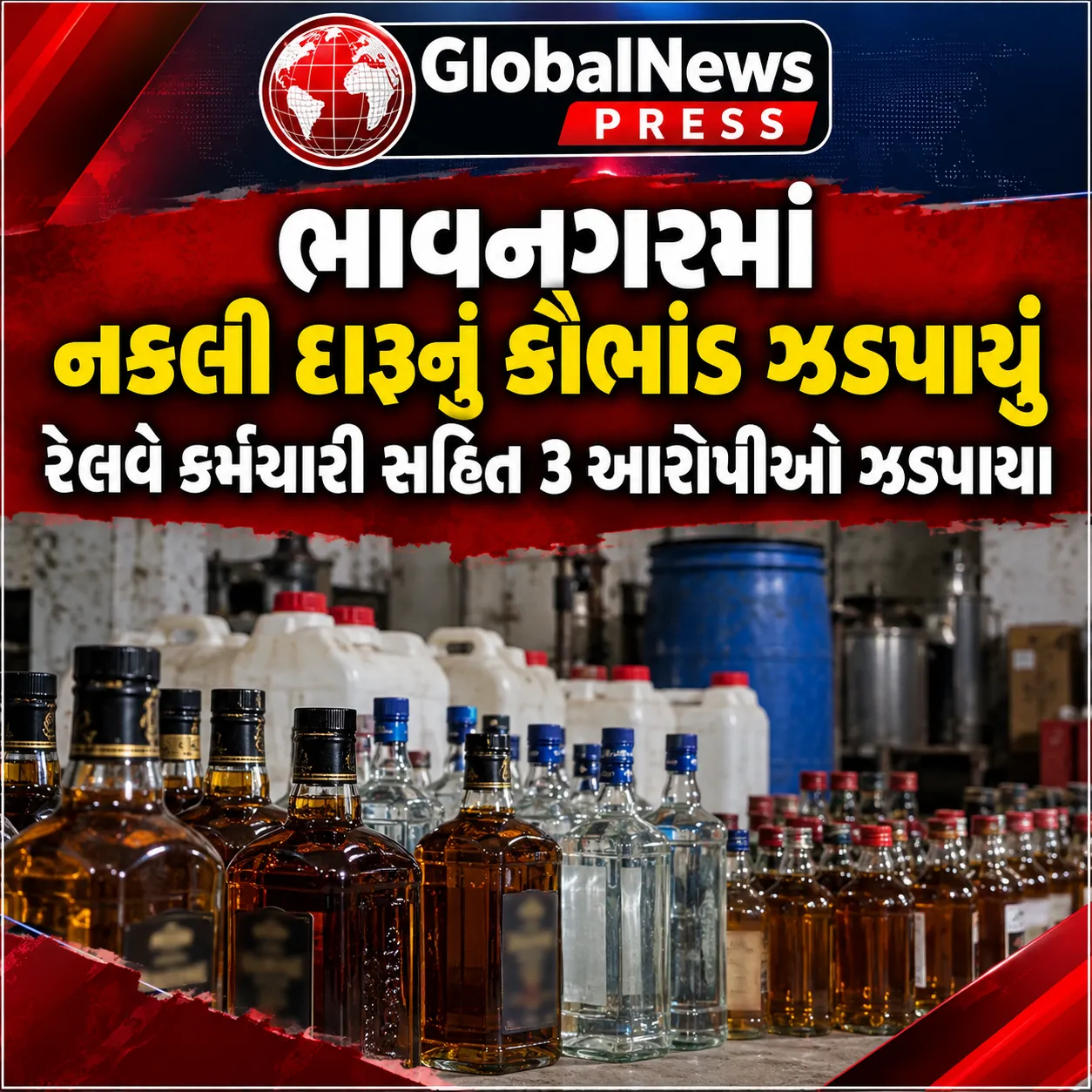 ભાવનગરમાં નકલી દારૂનું કૌભાંડ ઝડપાયું; રેલવે કર્મચારી સહિત 3 આરોપીઓ ઝડપાયા