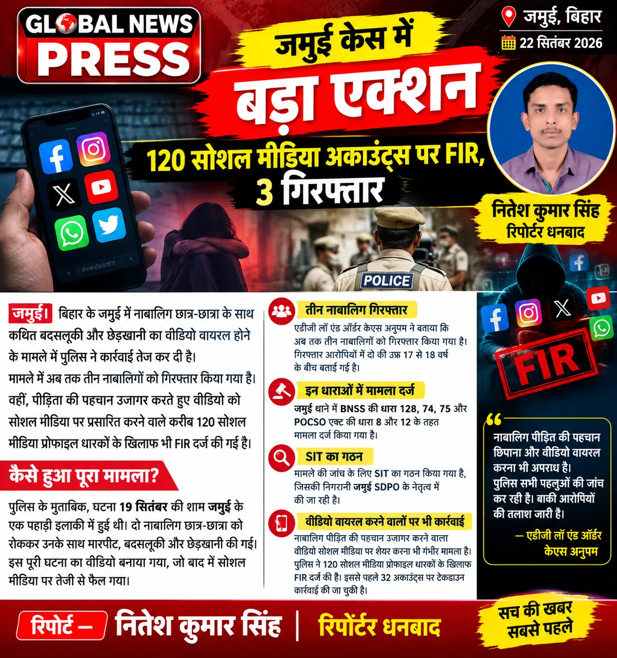 जमुई केस में बड़ा एक्शन: 120 सोशल मीडिया अकाउंट्स पर FIR, 3 नाबालिग गिरफ्तार