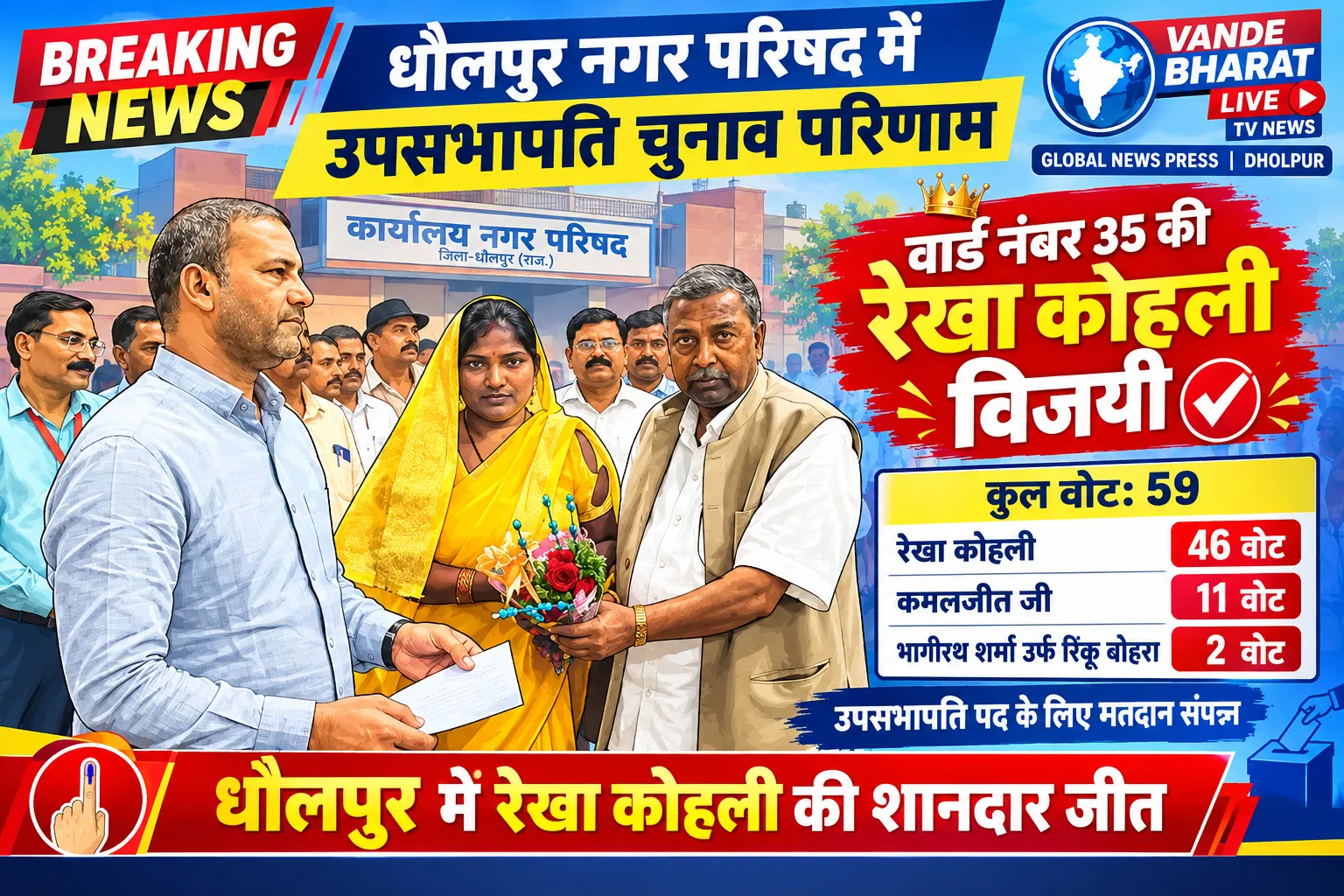 धौलपुर नगर परिषद के उपसभापति पद के चुनाव में निर्दलीय प्रत्याशी रेखा कोली विजयी रही हैं।