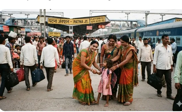पटना रेलवे स्टेशन के प्लेटफॉर्म नंबर 10 पर रोती बच्ची और बेबस मां को किन्नर समाज ने कराई मदद।