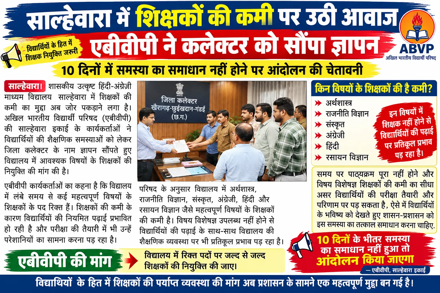 साल्हेवारा में शिक्षकों की कमी पर उठी आवाज, एबीवीपी ने कलेक्टर को सौंपा ज्ञापन ।