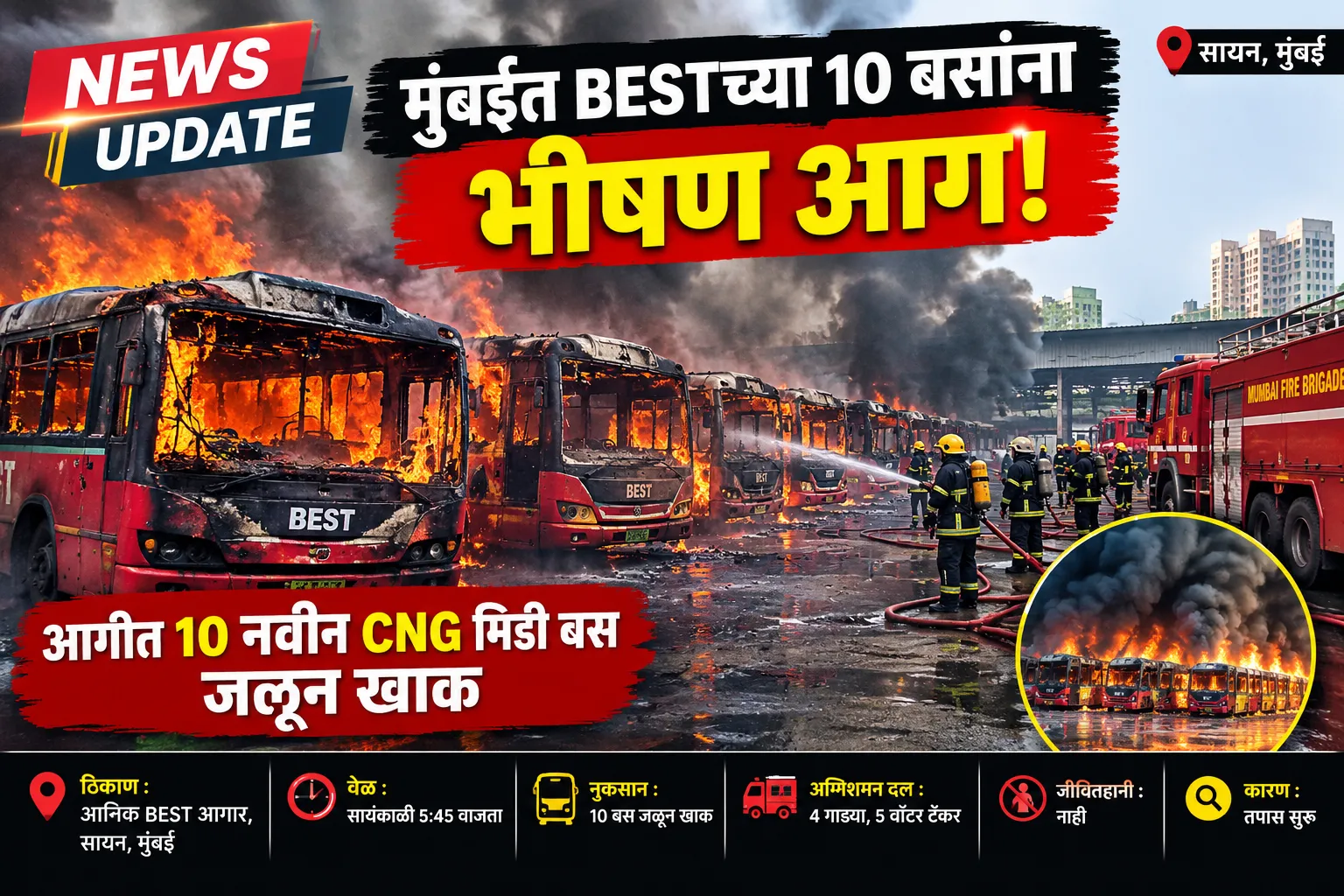 मुंबईतील सायन–प्रतीक्षानगर येथील आणिक BEST आगारात सोमवारी सायंकाळी सुमारे 5:45 वाजता भीषण आग लागली.