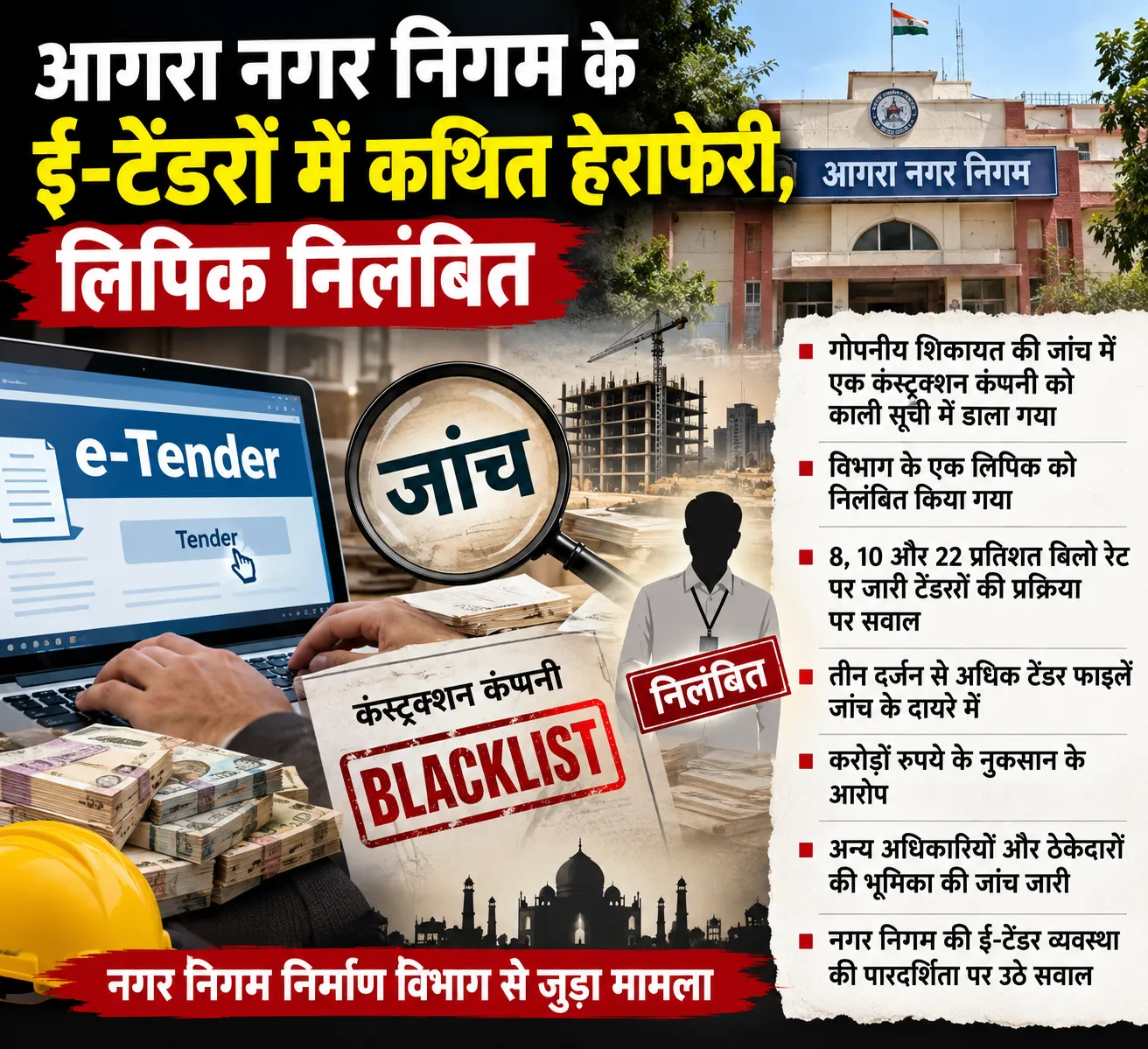 ब्रेकिंग न्यूज़ आगरा नगर निगम के ई-टेंडरों में कथित हेराफेरी, लिपिक निलंबित