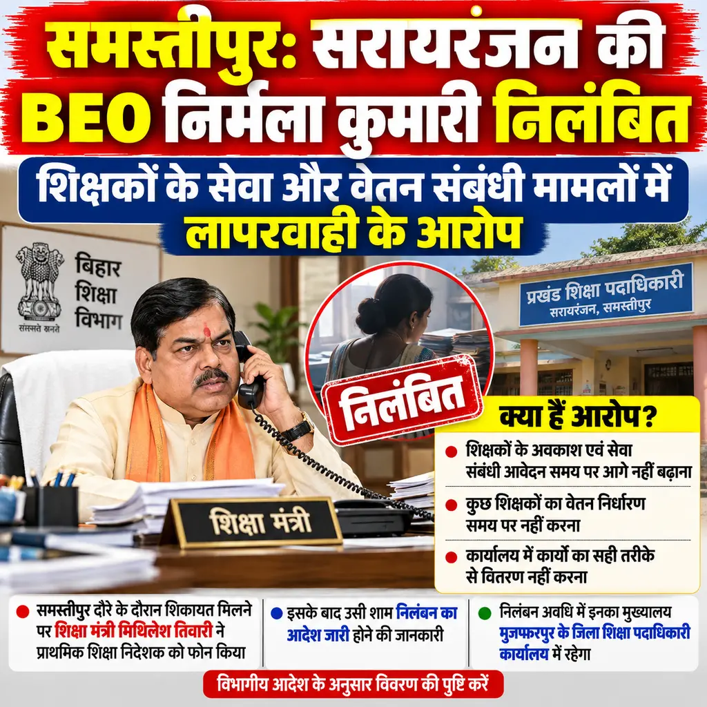समस्तीपुर : सरायरंजन की BEO निर्मला कुमारी निलंबित, शिक्षा मंत्री के निर्देश के बाद आदेश जार