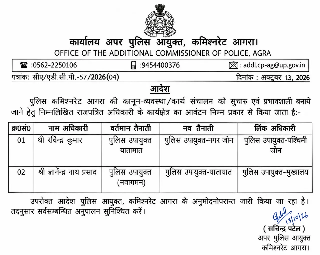 ब्रेकिंग न्यूज आगरा पुलिस कमिश्नरेट में फेरबदल, दो DCP के कार्यक्षेत्र बदले