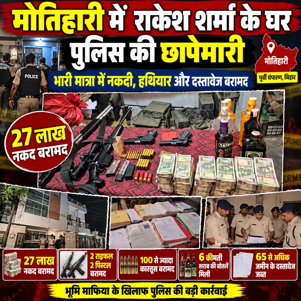 मोतिहारी में जमीन से जुड़े कारोबारी के आवास पर छापेमारी, 27 लाख नकद और हथियार बरामद