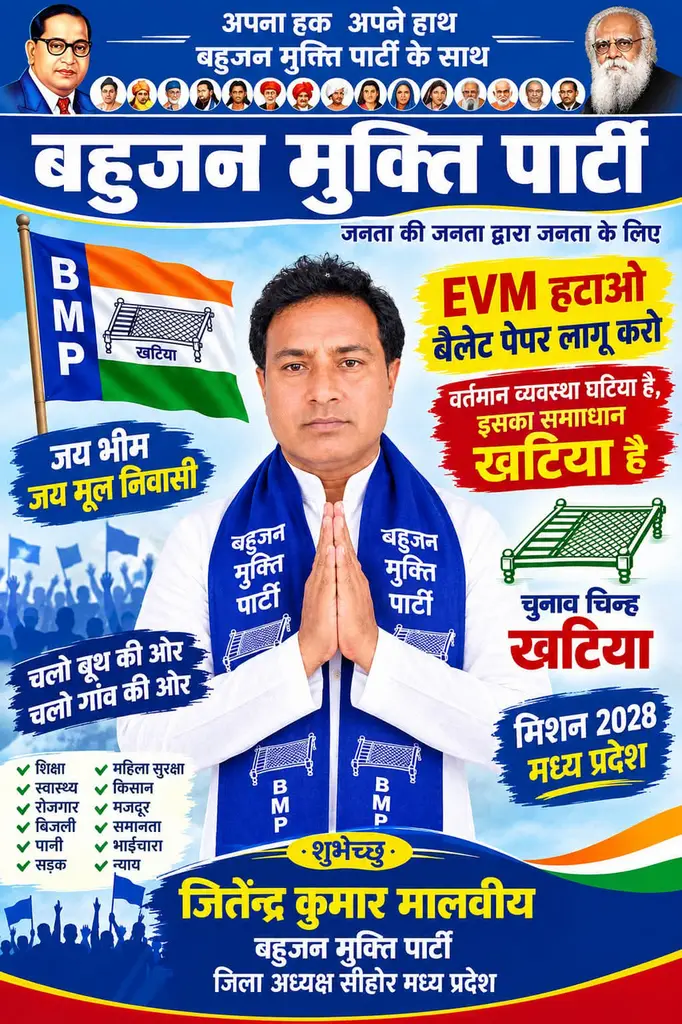 BREAKING NEWS EVM हटाओ, बैलेट पेपर लागू करो!” मिशन 2028 को लेकर बहुजन मुक्ति पार्टी का संदेश, सीहोर में जनसंपर्क पर जोर