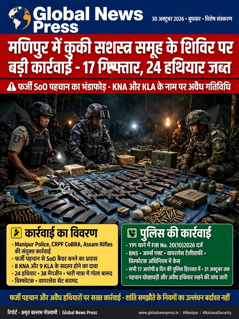*मणिपुर में कुकी सशस्त्र समूह के शिविर पर बड़ी कार्रवाई: फर्जी SoO पहचान का भंडाफोड़, 17 गिरफ्तार, 24 हथियार जब्त -