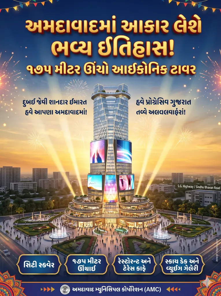 મદાવાદમાં 175 મીટર ઊંચો નવો ટાવર બનશે, અંદાજે 570 કરોડના ખર્ચે મનોરંજન-ડાઇનિંગ હબ